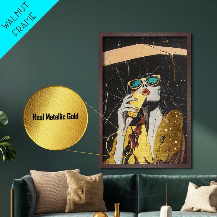 Retro Witchy Woman Drinking Metallic Gold Art, Spooky Season Metal Art with Real Wood Frame, Gothic Halloween Wall Accent