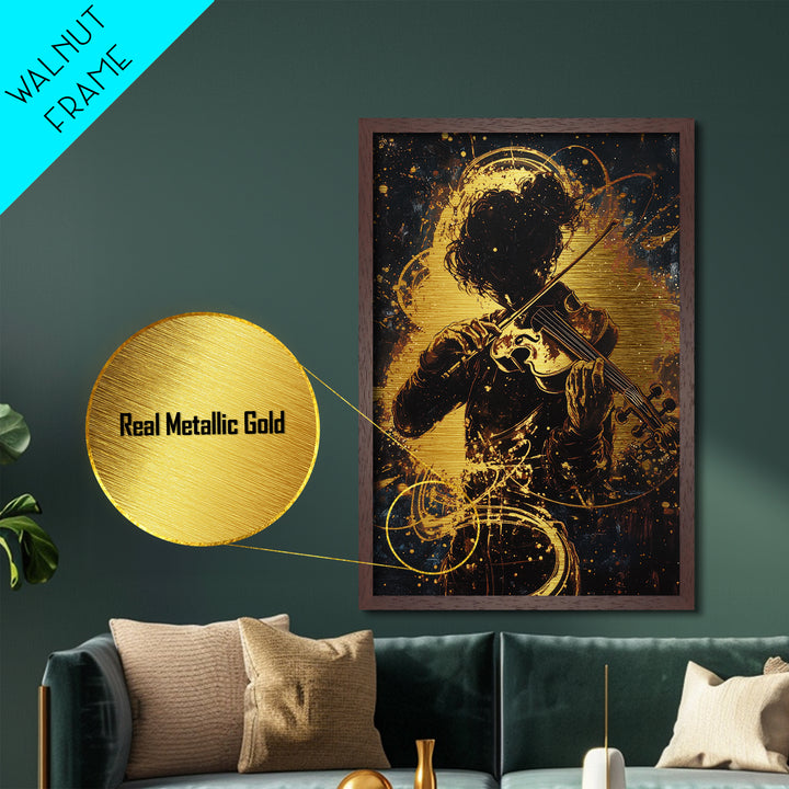 Violinist in Shadows Metallic Gold Art, Spooky Haunted Musician Metal Art Framed in Real Wood, Gothic Halloween Wall Hanging