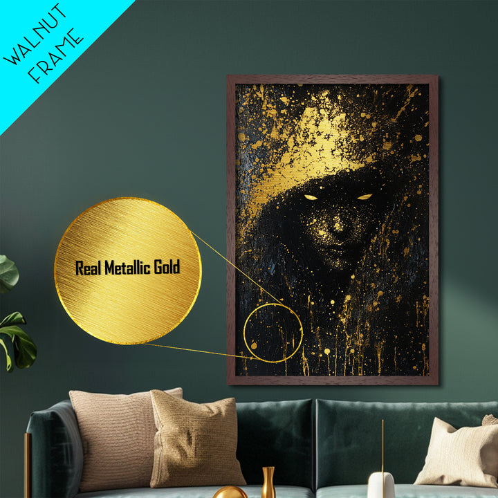 Eerie Shadow Figure Metallic Gold Art, Spooky Horror Season Haunted Eyes Metal Art with Real Wood Frame for Gothic Wall Decor