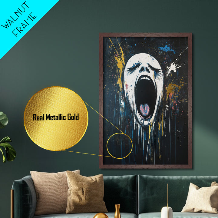 Screaming Horror Face Metallic Gold Art, Creepy Haunted Expressionist Metal Art Framed in Real Wood, Halloween Spooky Accent
