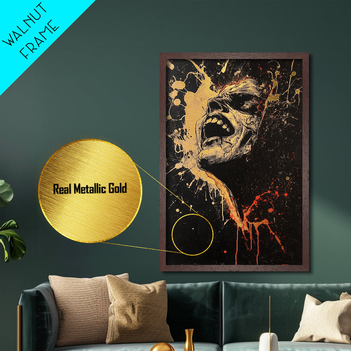 Haunted Scream Horror Wall Art | Metallic Gold Art & Metal Art | Gothic Halloween Decor, Real Wood Frame for Spooky Season
