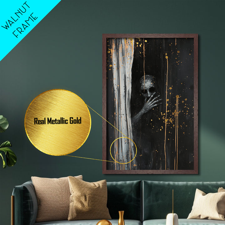 Creepy Skull Behind Curtain | Metallic Gold Art + Metal Art | Haunted Gothic Wall Decor, Real Wood Frame for Halloween Vibes
