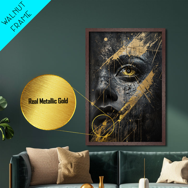 Golden Eye Haunted Portrait | Metallic Gold Art & Metal Art | Gothic Spooky Wall Decor, Real Wood Framed Halloween Artwork