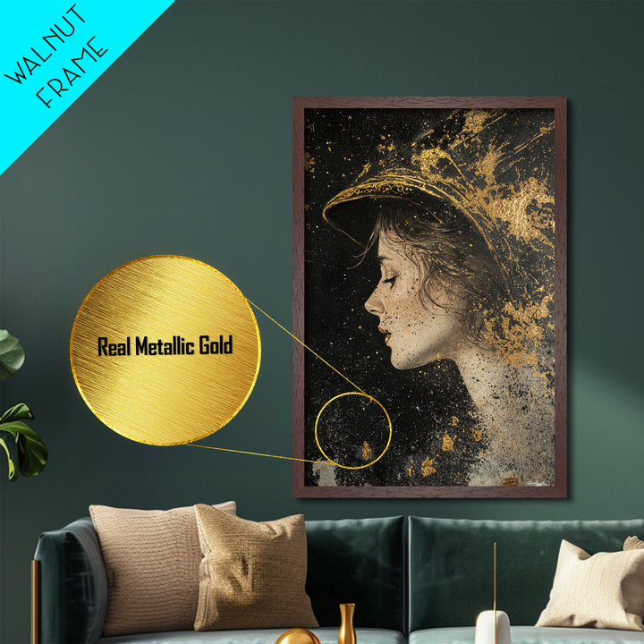 Enchanted Witch Profile Portrait | Metallic Gold Art & Metal Art | Elegant Spooky Season Decor, Framed in Real Natural Wood