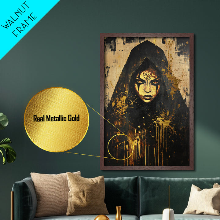 Cursed Priestess Gothic Portrait | Metallic Gold Art | Spooky Season Metal Art Decor, Real Wood Frame for Haunted Wall Art