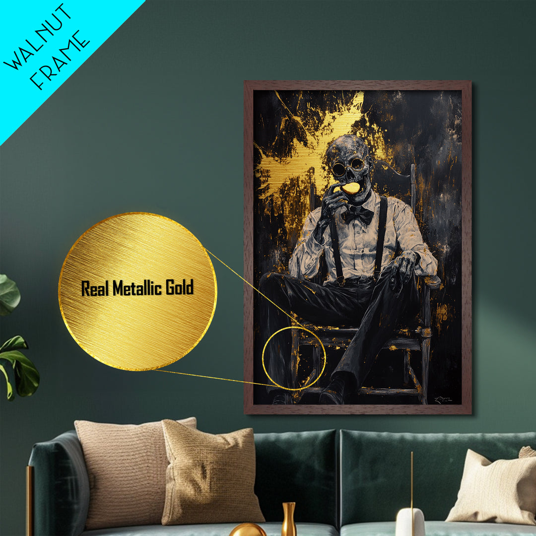Skeleton Gentleman Gothic Wall Decor | Metallic Gold Art + Metal Art | Creepy Halloween Artwork, Real Wood Frame Display