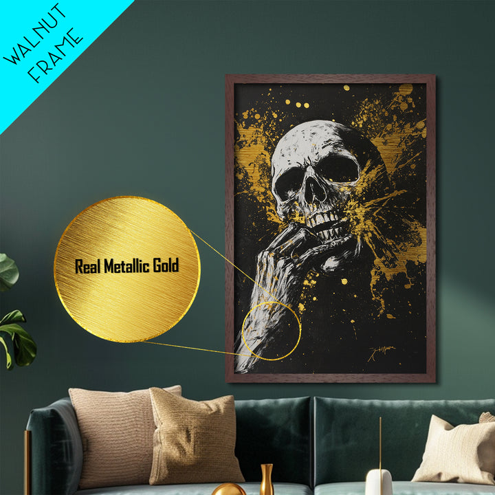 Haunted Skull Metallic Gold Art, Creepy Horror Skeleton Metal Art with Gothic Splatter Style, framed in natural real wood