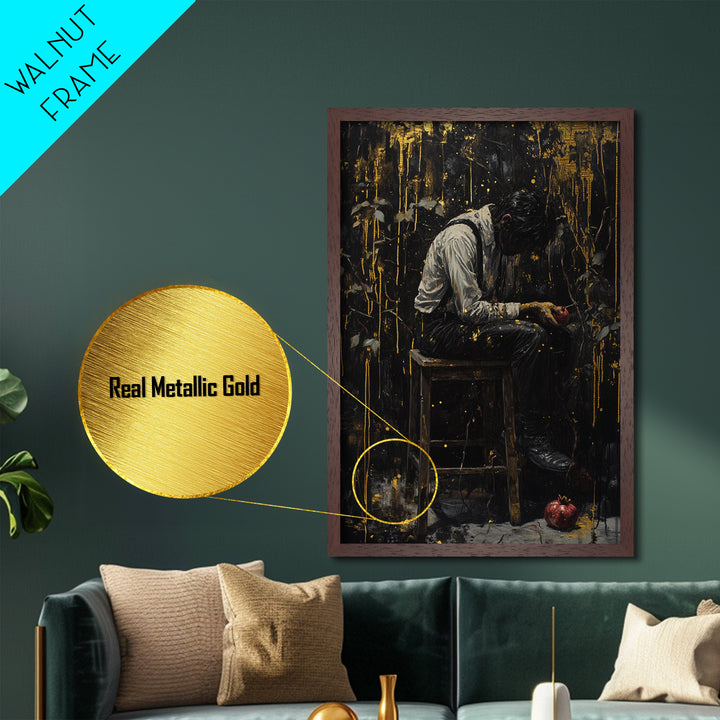 Spooky Gothic Metallic Gold Art, Dark Halloween Portrait Metal Art of Man with Pomegranate, mounted in handcrafted wood frame