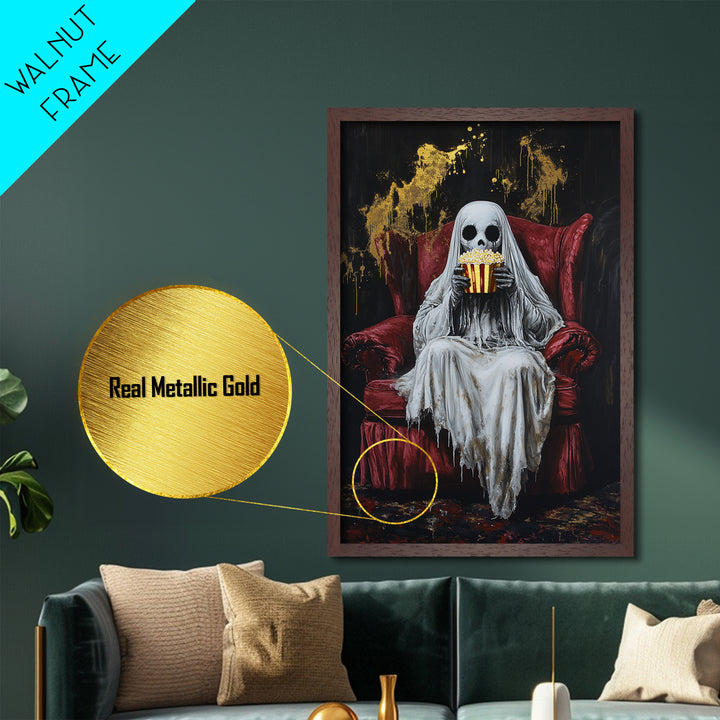 Ghostly Movie Night Metallic Gold Art, Creepy Skeleton Watching Horror Metal Art, Halloween Décor with real wood frame display