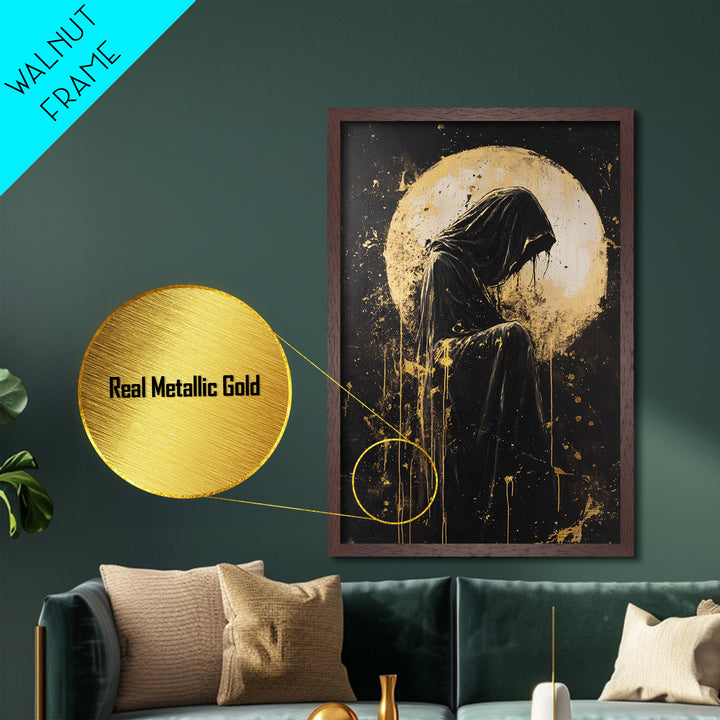 Grim Reaper Metallic Gold Art, Haunted Dark Hooded Figure Metal Art for Spooky Season, framed with natural real wood design