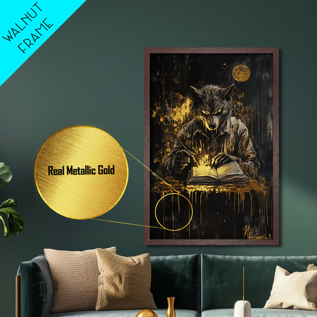 Werewolf Halloween Metallic Gold Art, Spooky Wolf Writing Spellbook Metal Art, glowing horror décor with real wood frame accent