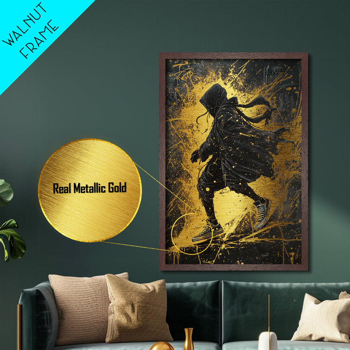 Dark Wanderer Metallic Gold Art, Creepy Hooded Skater Metal Art with Gothic Splatter Style, framed in rustic real wood for Halloween