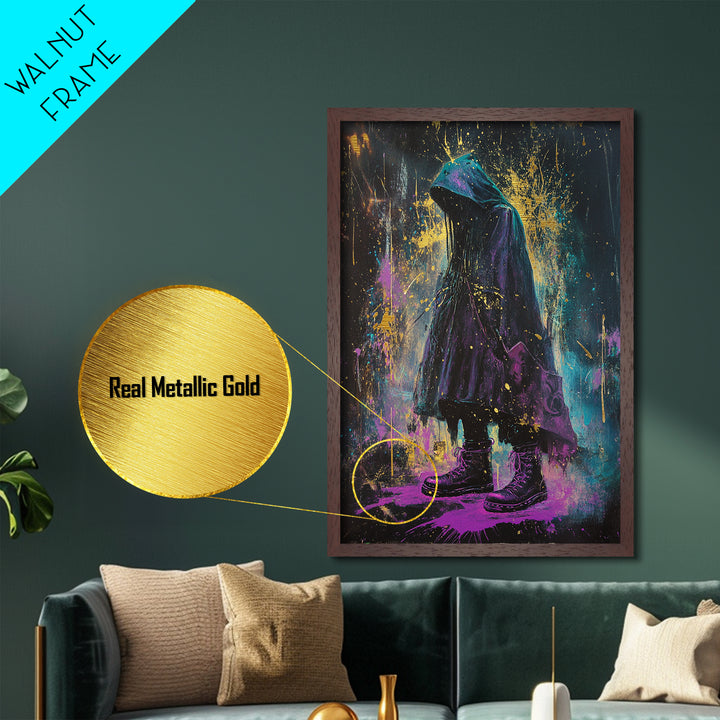 Witchy Hooded Figure Metallic Gold Art, Gothic Halloween Metal Art in Purple and Gold Splatter, real wood frame handmade design