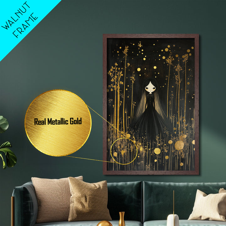 Spooky Cute Girl Metallic Gold Art, Creepy Halloween Witchy Doll Metal Art with Gold Forest Background, set in real wood frame