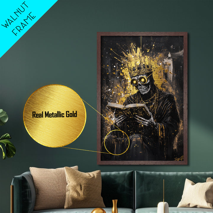 Haunted King Skeleton Metallic Gold Art, Gothic Crowned Figure Metal Art with Horror Style, framed in premium real wood décor