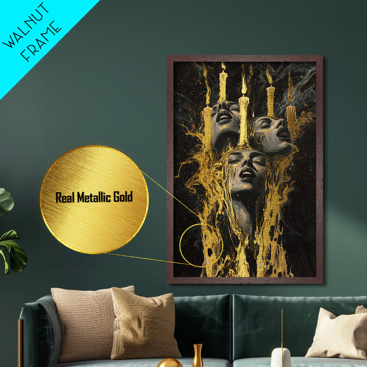 Haunted Candle Gothic Faces Metallic Gold Art, Spooky Season Horror Metal Art Wall Decor, framed in natural real wood
