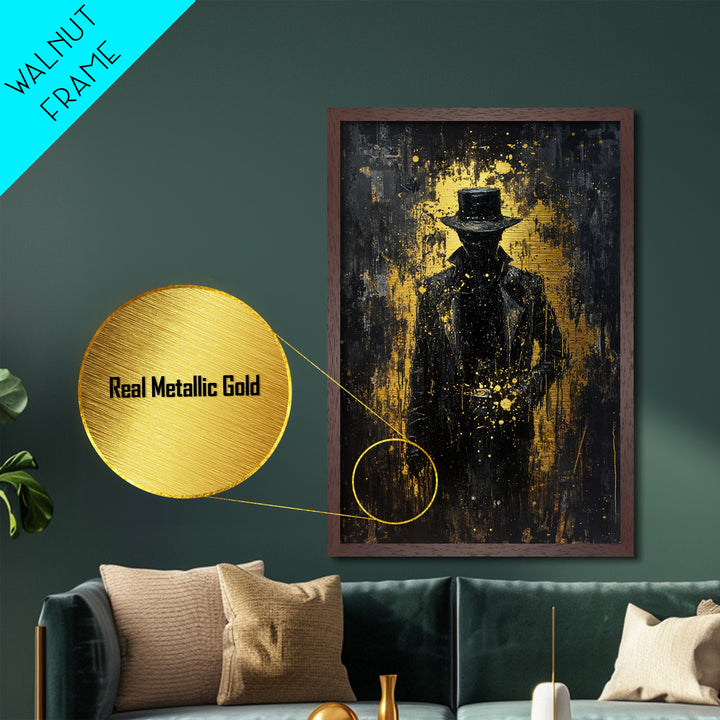 Dark Cowboy Horror Silhouette Metallic Gold Art, Spooky Season Creepy Western Metal Art, with real wood frame display