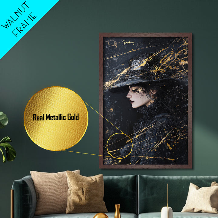 Witchy Woman Profile Metallic Gold Art, Gothic Spooky Season Metal Art Portrait, handcrafted and framed in real wood