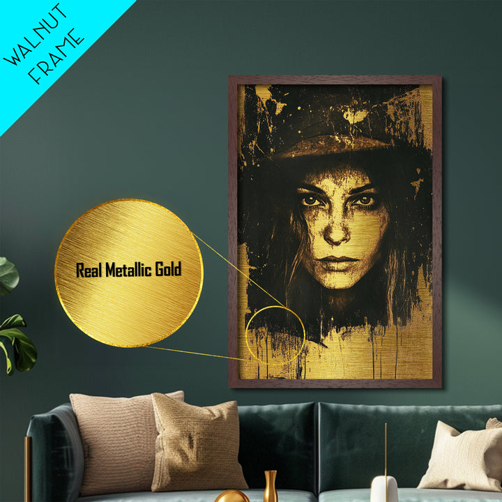 Creepy Sepia Horror Portrait Metallic Gold Art, Spooky Gothic Woman Face Metal Art Wall Decor, in solid real wood frame