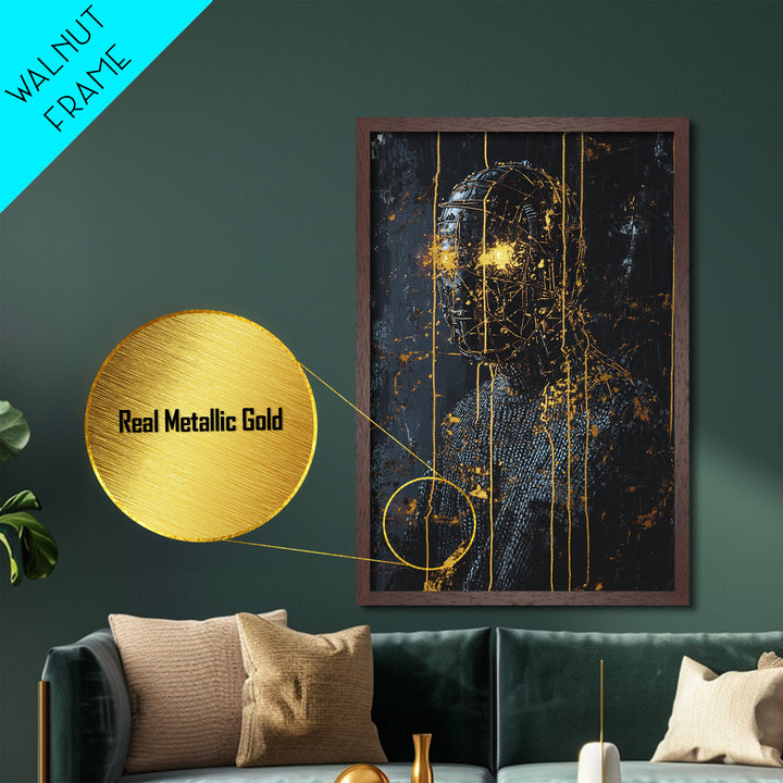 Cyber Horror Mask Metallic Gold Art, Creepy Halloween Techno Gothic Metal Art Portrait, framed with natural real wood