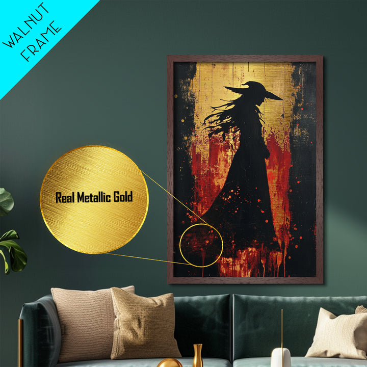 Witch Silhouette Blood Red Metallic Gold Art, Spooky Season Gothic Metal Art Painting, Halloween wall decor with wood frame