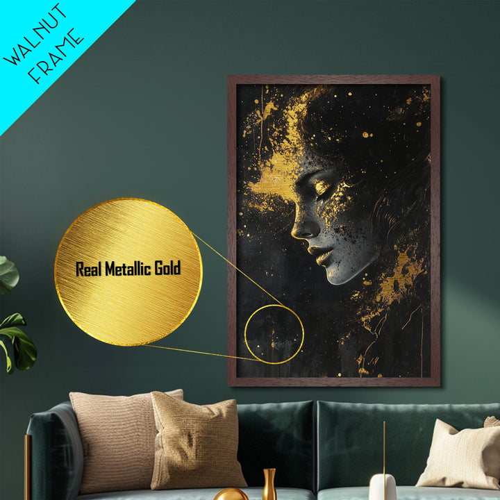 Ethereal Haunted Face Metallic Gold Art, Spooky Season Gothic Glow Metal Art Portrait, crafted and framed in real wood