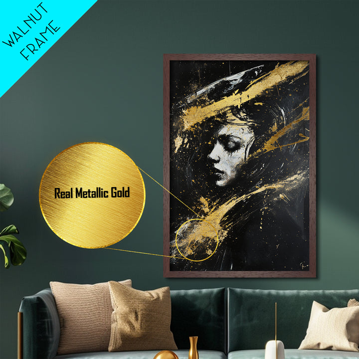 Abstract Haunted Portrait Metallic Gold Art, Gothic Spooky Season Metal Art Face Painting, framed in rustic real wood