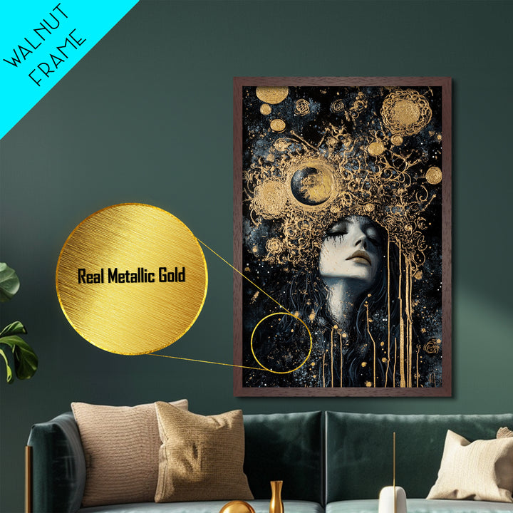 Celestial Gothic Queen Metallic Gold Art, Spooky Season Witchy Cosmic Metal Art, Halloween horror decor in real wood frame