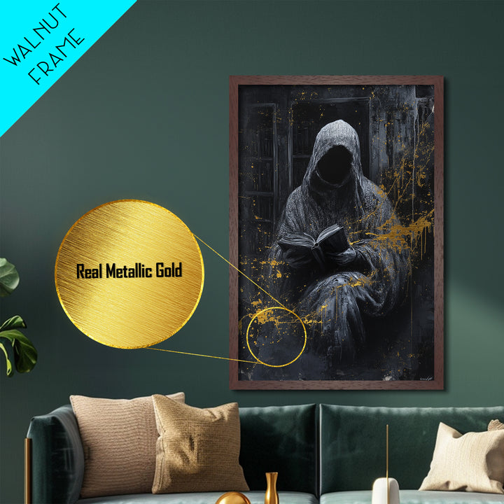 Hooded Grim Reader Metallic Gold Art, Haunted Spooky Season Horror Metal Art Wall Decor, with natural wood frame finish