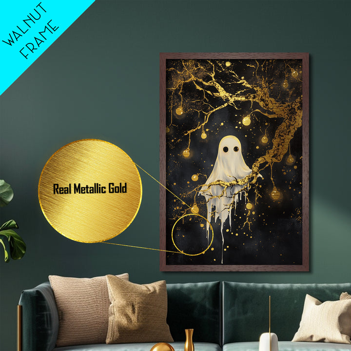 Haunted Tree Ghost Halloween Decor, Metal Art Metallic Gold Art in Real Wood Frame, Spooky Gothic Night Wall Hanging