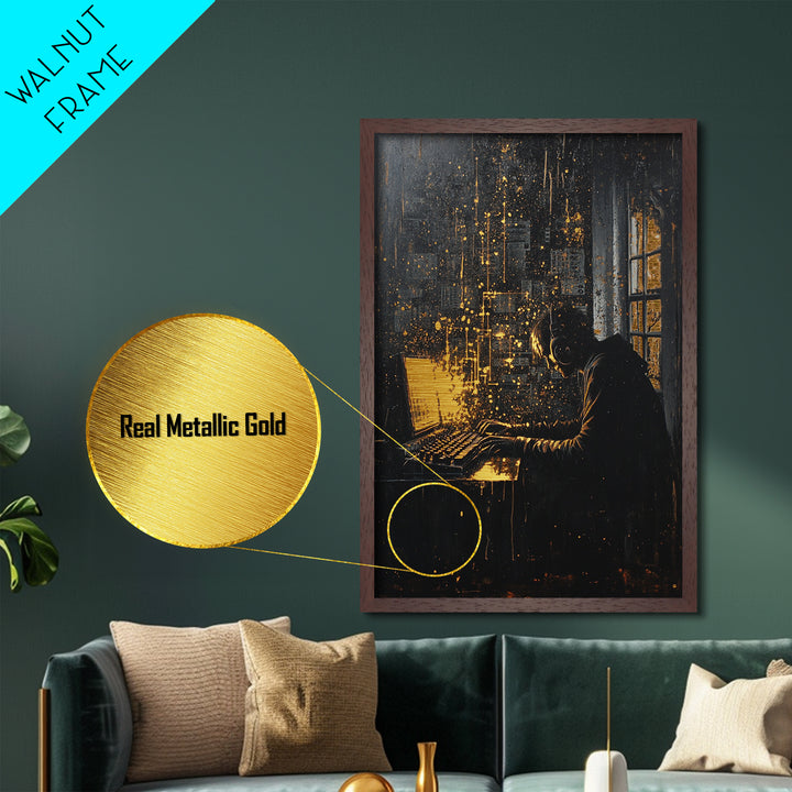 Dark Hacker at Computer Halloween Wall Art, Metallic Gold Art Metal Art Framed in Solid Wood, Spooky Tech Gothic Decor
