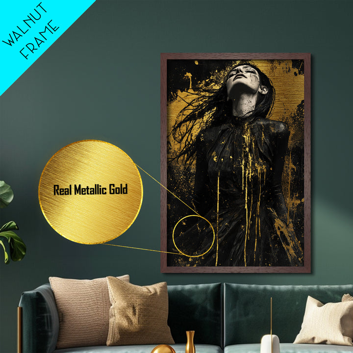 Dark Enchanted Woman Metallic Gold Art Metal Art Spooky Gothic Halloween Horror Wall Hanging framed with real wood