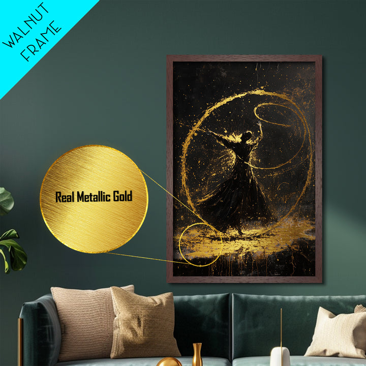 Witchy Dance Circle Halloween Painting, Metallic Gold Art Metal Art Framed in Natural Wood, Spooky Magical Gothic Artwork