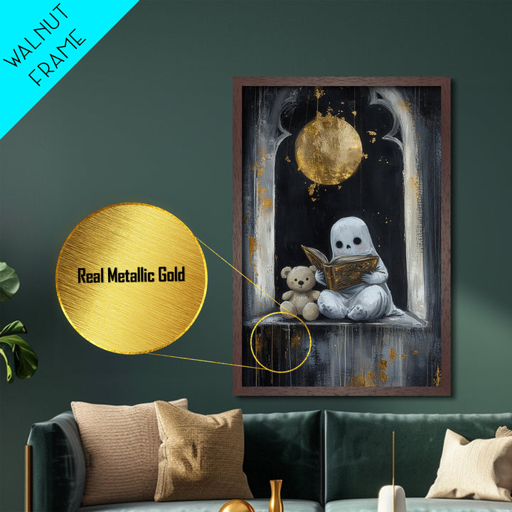 Cute Ghost Reading Book Halloween Print, Metallic Gold Art Metal Art with Wooden Frame, Spooky Nursery Haunted Wall Art