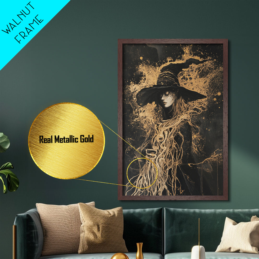 Witch with Serpent Roots Halloween Art, Metallic Gold Art Metal Art in Framed Wood, Gothic Spooky Season Haunted Decor
