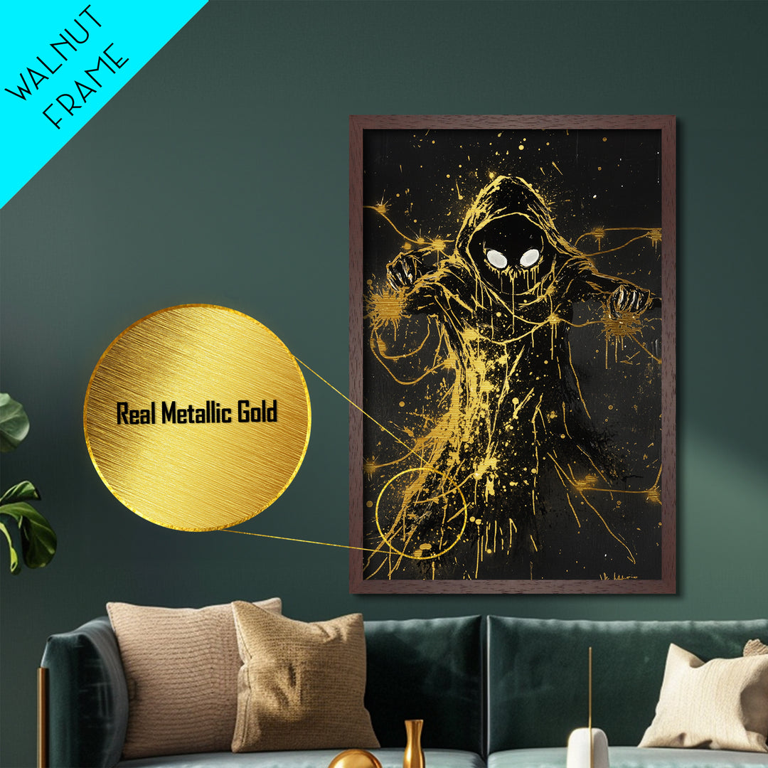 Hooded Reaper Halloween Wall Hanging, Metal Art Metallic Gold Art with Real Wood Frame, Creepy Spooky Haunted Gothic Print