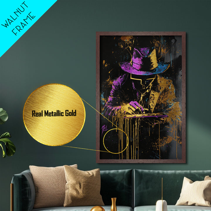Neon Noir Detective Spooky Wall Art, Metallic Gold Art Metal Art Framed in Natural Wood, Halloween Gothic Cyberpunk Decor