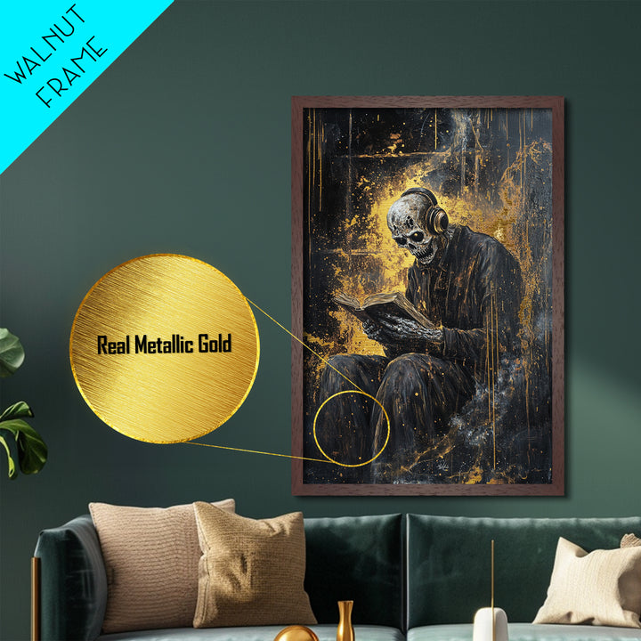 Skeleton Reading Book with Headphones Metallic Gold Art Metal Art | Gothic Spooky Halloween Wall Décor in Natural Wood Frame