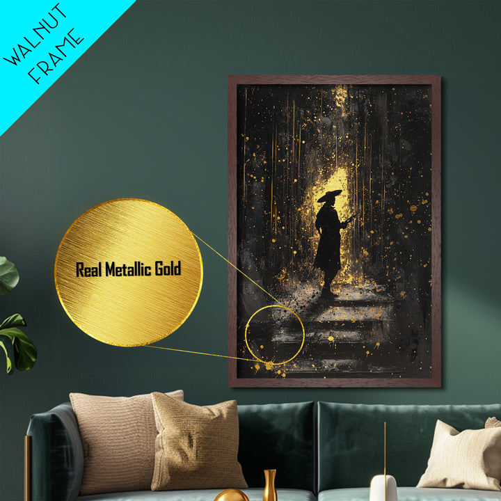 Haunted Silhouette on Stairs Metallic Gold Art Metal Art | Spooky Season Gothic Halloween Wall Artwork with Real Wood Frame