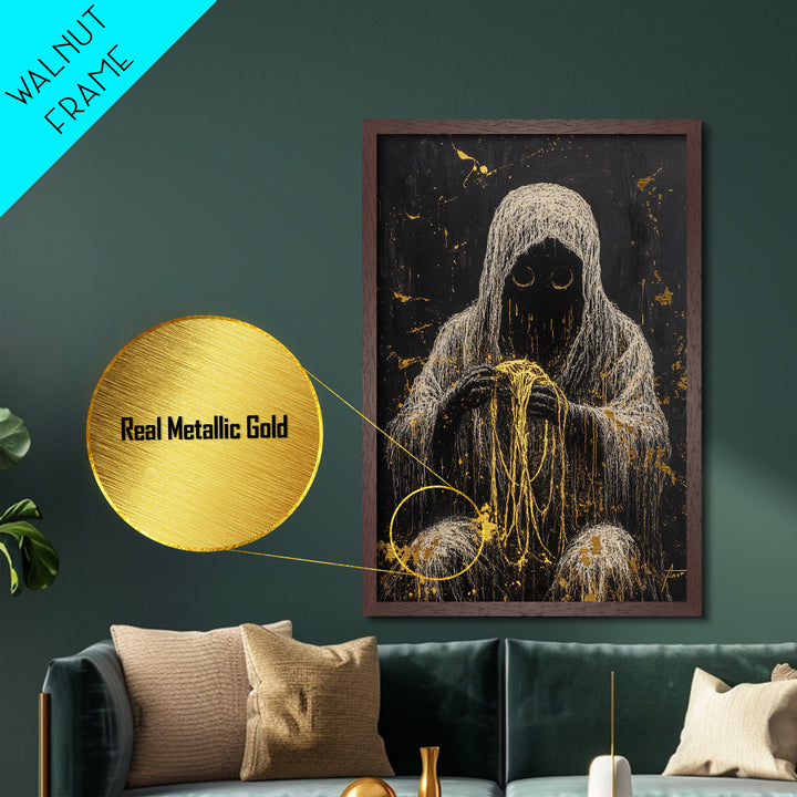 Creepy Hooded Figure with Threads Metallic Gold Art Metal Art | Haunted Gothic Halloween Wall Décor Framed in Solid Wood