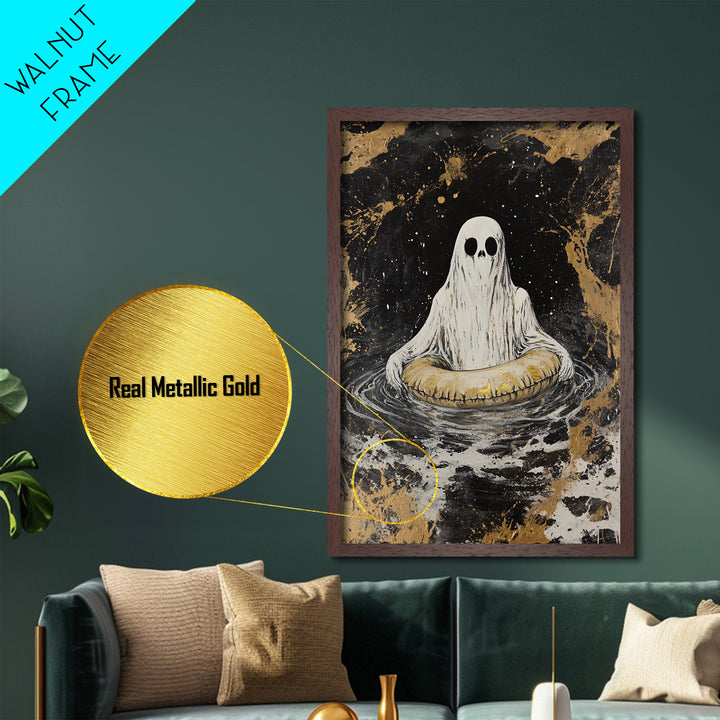 Ghost in Water with Inner Tube Metallic Gold Art Metal Art | Spooky Halloween Spirit Painting Gothic Horror Art with Wood Frame