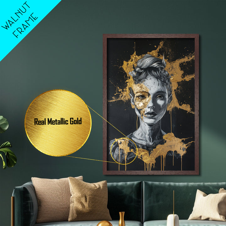 Broken Doll Portrait Metallic Gold Art Metal Art Creepy Gothic Halloween Wall Decor framed in authentic natural wood