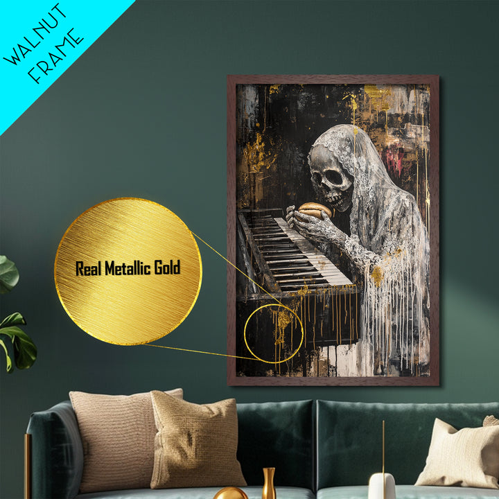 Skeleton at Piano Metallic Gold Art Metal Art Spooky Gothic Halloween Horror Wall Hanging in rustic real wood framing