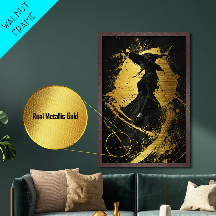 Haunted Witch Metallic Gold Art Metal Art Gothic Wall Decor With Real Wood Frame Spooky Halloween Witchy Home Accent