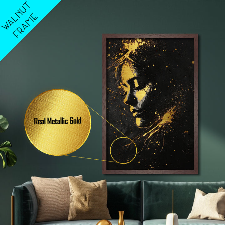 Gothic Portrait Metallic Gold Art Metal Art Spooky Woman Face In Natural Wood Frame Creepy Halloween Wall Decoration