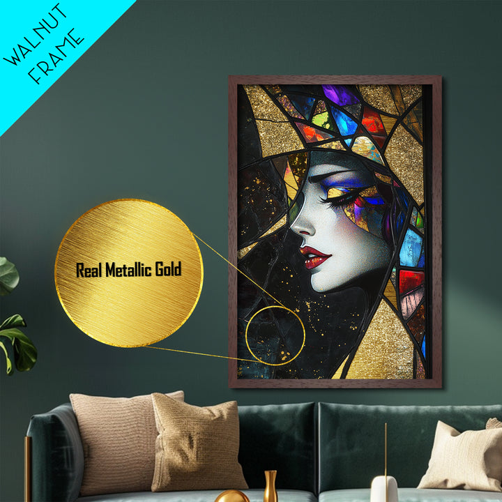 Stained Glass Witch Metallic Gold Art Metal Art Creepy Gothic Decor With Solid Wood Frame Halloween Spooky Wall Accent