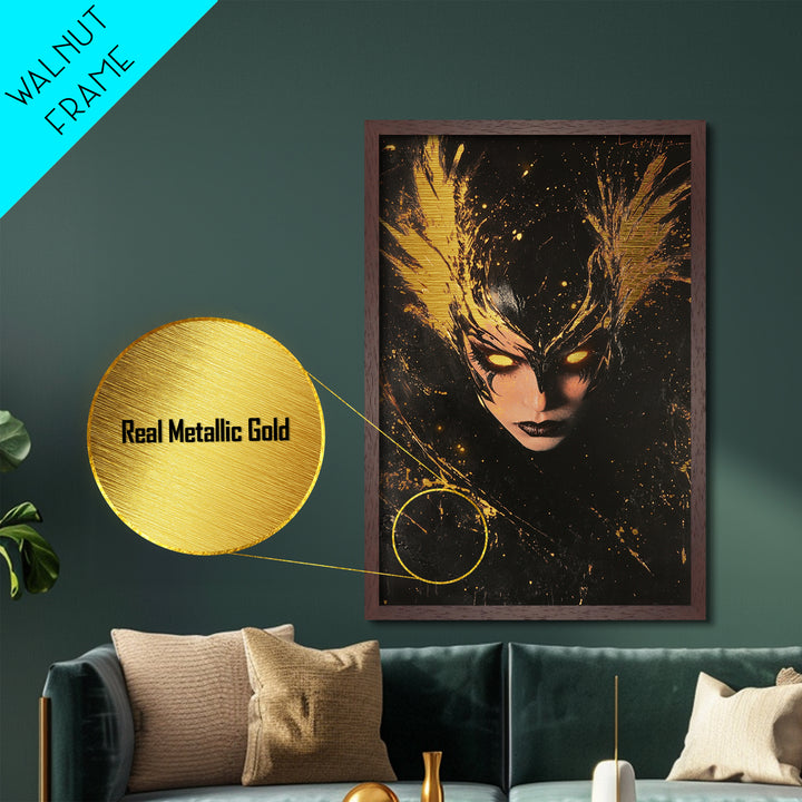 Dark Queen Metallic Gold Art Metal Art Horror Gothic Portrait With Handcrafted Wood Frame Spooky Halloween Wall Hanging