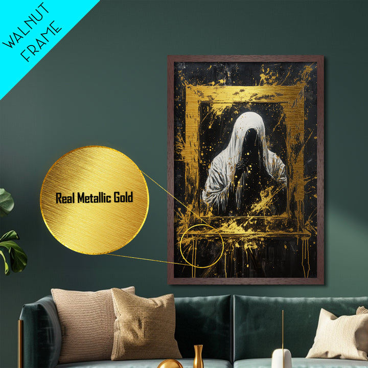 Ghostly Apparition Metallic Gold Art Metal Art Haunted Spirit Framed In Natural Wood Creepy Halloween Gothic Wall Decor