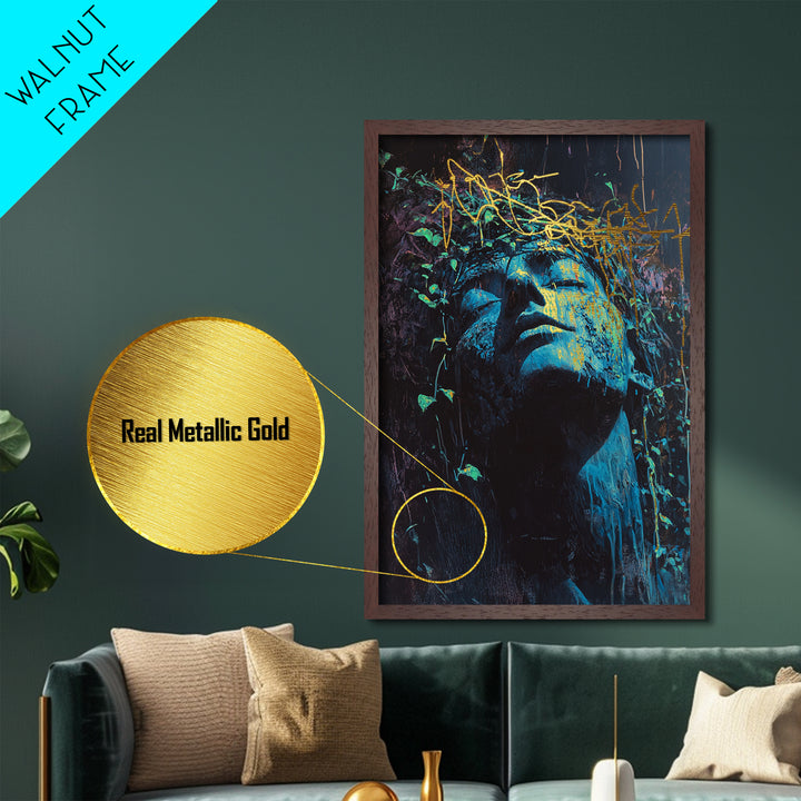 Haunted Statue Metallic Gold Art Metal Art Gothic Horror Bust Artwork With Real Wood Frame Spooky Season Halloween Decor