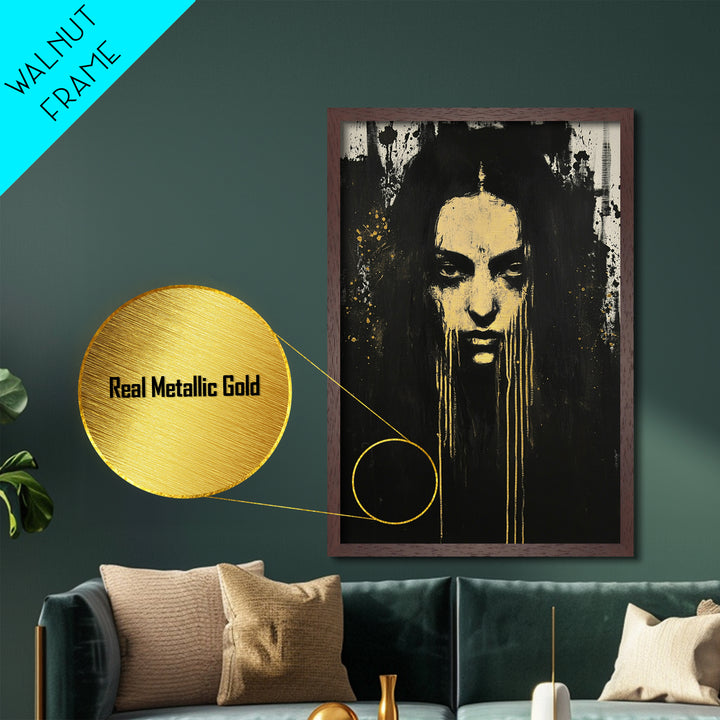 Gothic Horror Metallic Gold Art Metal Art Haunted Woman Portrait With Real Wood Framed Finish Spooky Halloween Wall Art